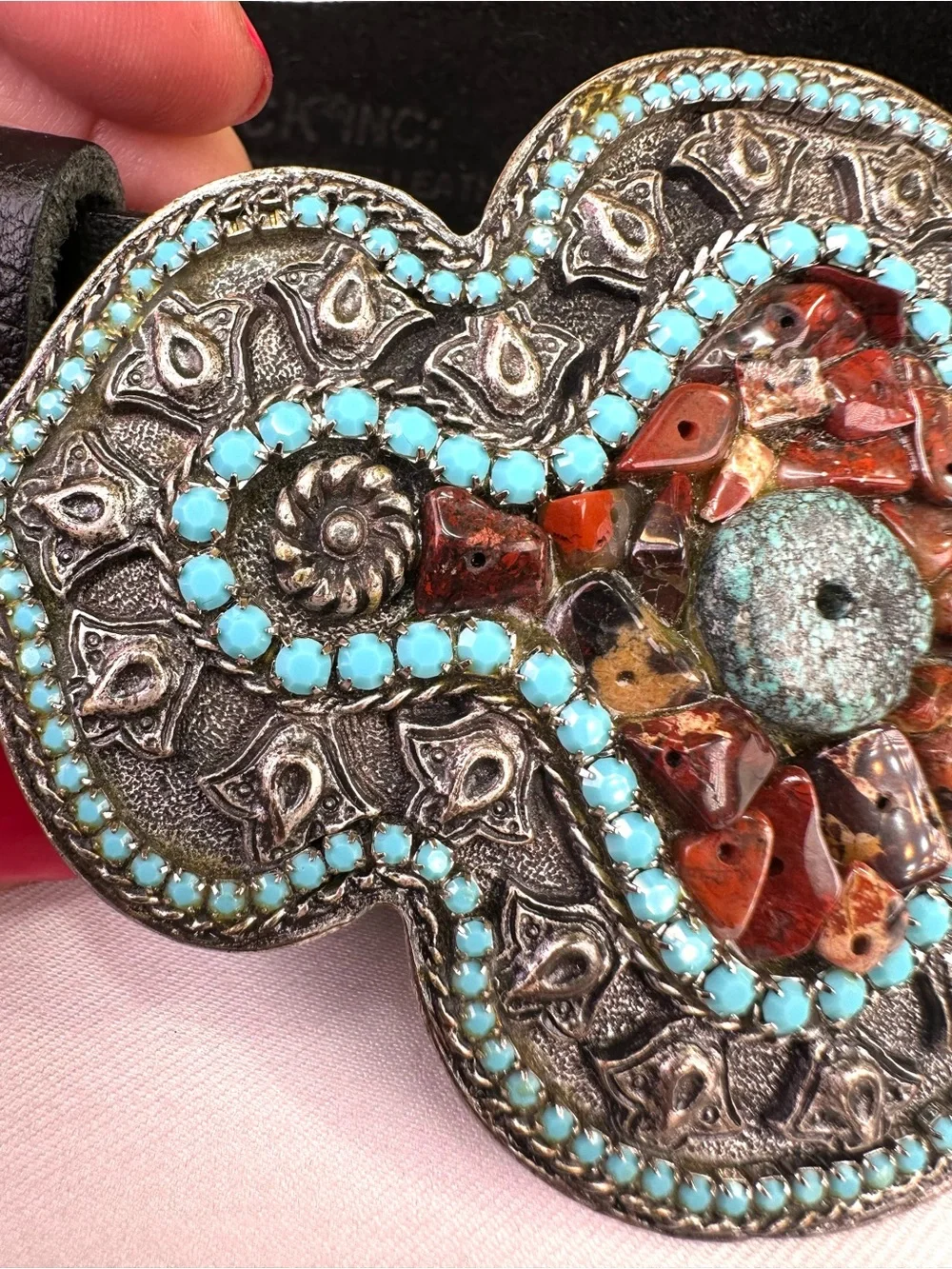 Leatherock Black leather handcrafted artisan buckle turquoise-style cabochons